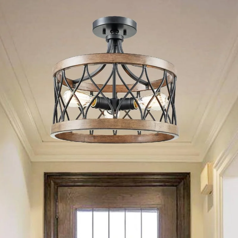 Corrosion - Resistant Industrial Lighting for Coastal FactoriesPortici Retro Drum Wood Metal Cage Semi Flush Mount Ceiling Light 3 Lights