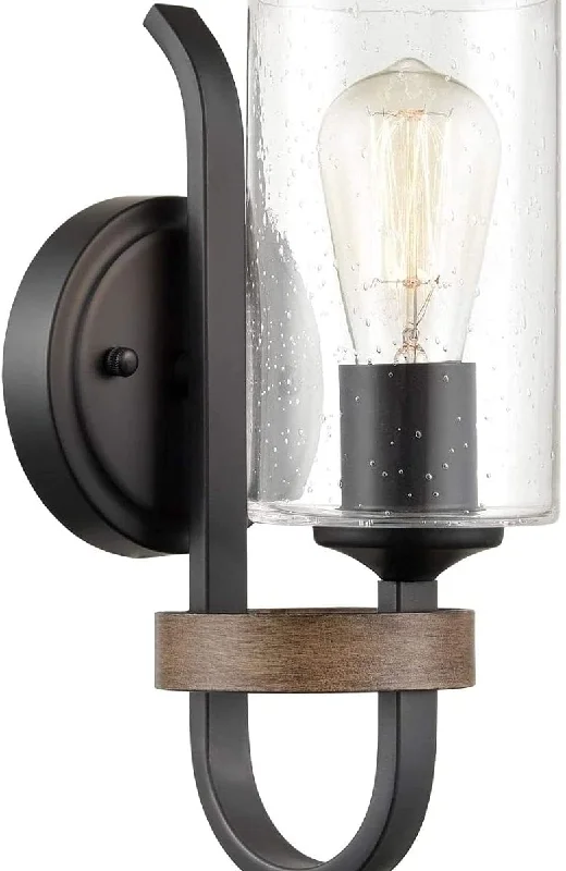 Industrial Emergency Lighting for Safety in FactoriesNapoli Industrial Seeded Cylindrical Glass Wall Sconce | Farmhouse Black & Wood Grain Finish