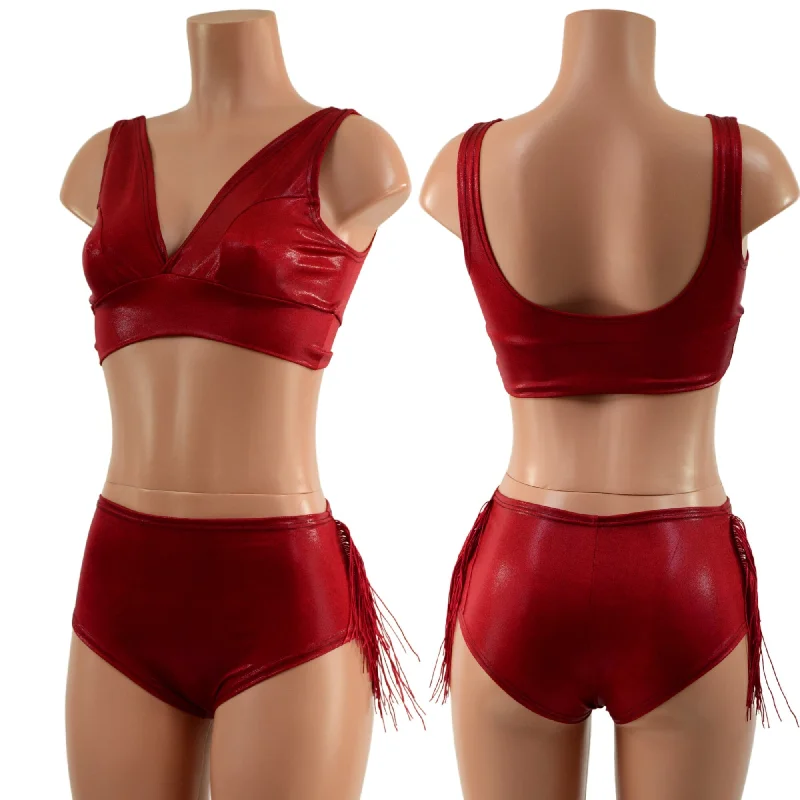 Coagulant Red Starlette Bralette and Fringed MIDrise Siren Shorts Set