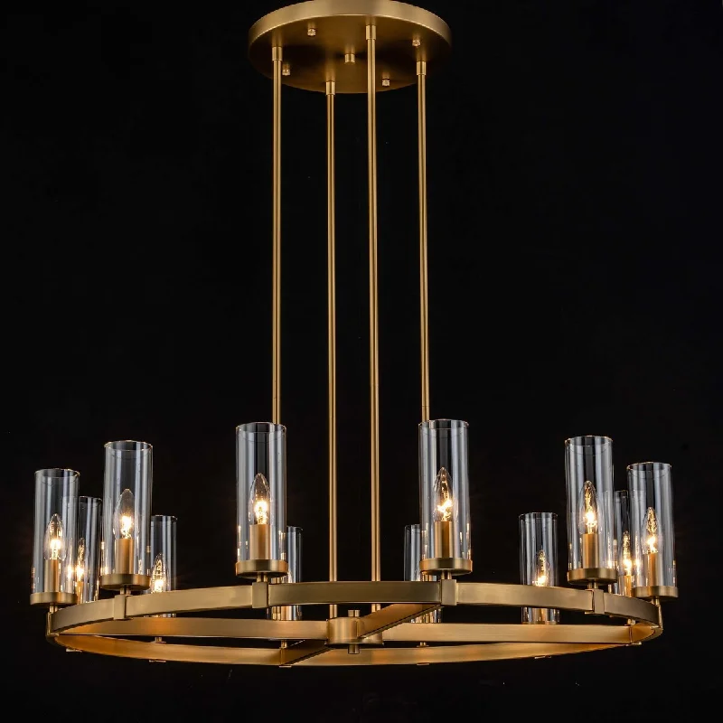 Large Chandeliers for Grand Halls and FoyersLarge Chandeliers for Grand Halls and Foyers12-Light Mid-Century Modern Large Round Wagon Wheel Chandelier with Candle Clear Glass Shade