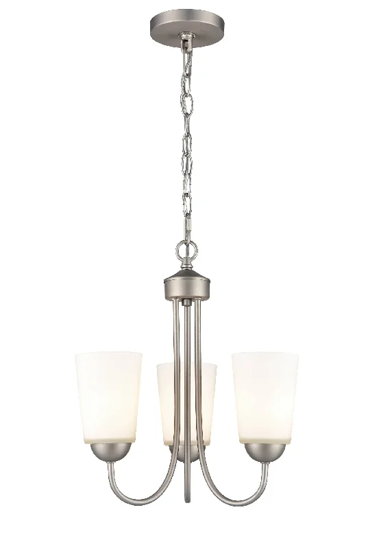 Minimalist Chandeliers for Sleek and Simple InteriorsMinimalist Chandeliers for Sleek and Simple Interiors3 Lamps Ivey Lake Chandelier - Satin Nickel - Etched White Glass - 15in Diameter - E26 Medium Base