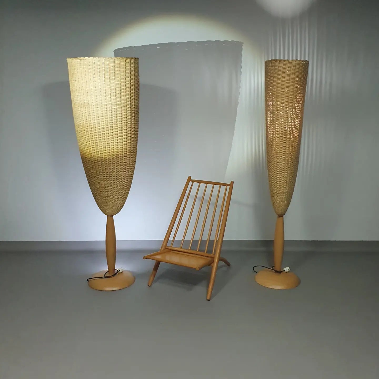 Wood Floor Lamp with Natural Grain for a Warm and Organic FeelWood Floor Lamp with Natural Grain for a Warm and Organic Feel2 x Marco Agnoli for Pierantonio Bonacina XL / Flûte Floor Lamp in Cane and Wood