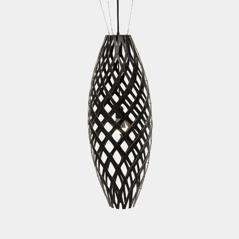 Gothic Ceiling Lights with Dark Metalwork and Pointed ArchesGothic Ceiling Lights with Dark Metalwork and Pointed ArchesBlack Both Sides Hinaki Pendants by David Trubridge